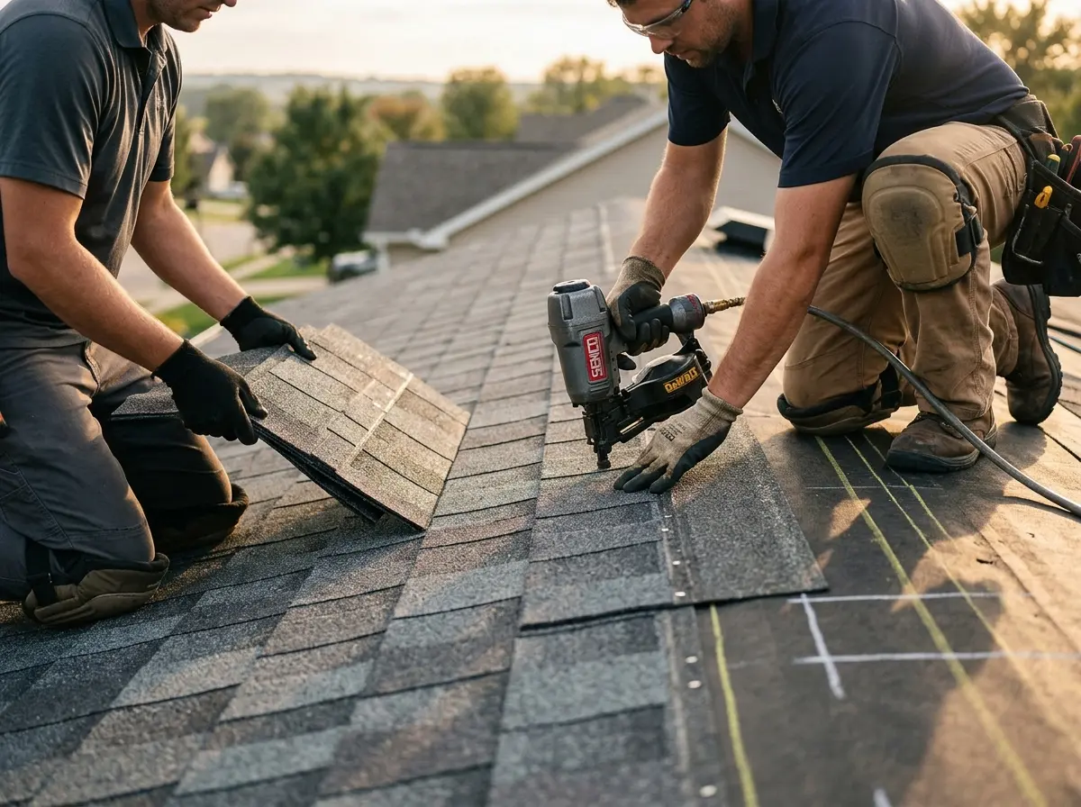Professional roofer working on a residential roof in Bartlesville
